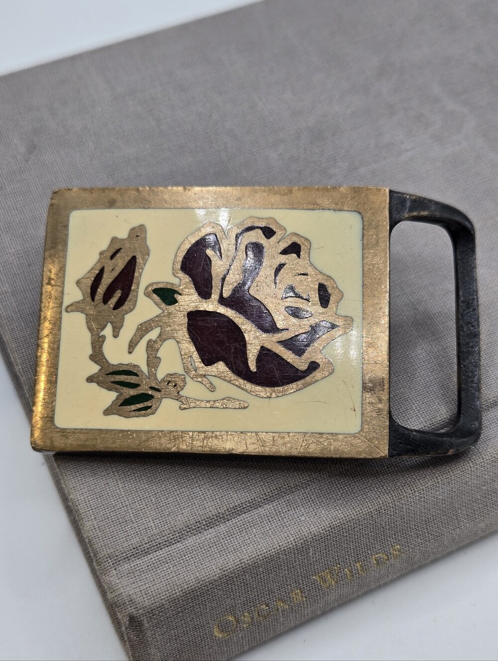 Tech Ether Guild Tea Rose Brass Belt Buckle Cloisonne Enamel 1978 Solid Brass
